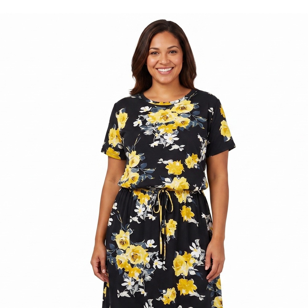Simier Fariry Womens XL Black Yellow Floral‎ Drawstring Waist Pocket Midi Dress